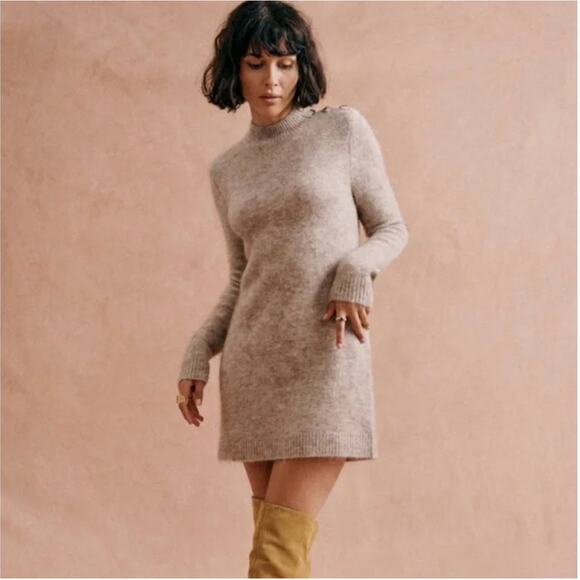 Sezane Polly Long Sleeve Sweater Dress Mottled Beige Kid Mohair Wool Size Medium - Picture 1 of 9